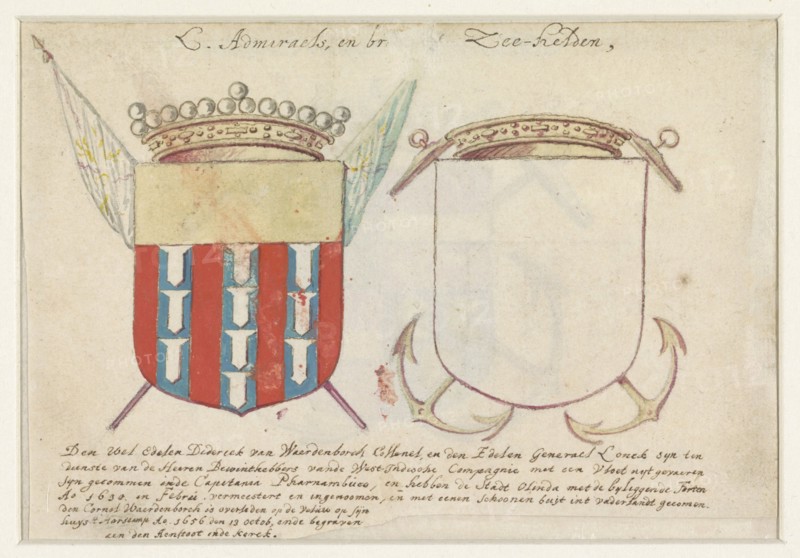Coat of arms of Diderick van Waerdenborch and an empty coat of arms, 1656-1699. Creator: Anon.