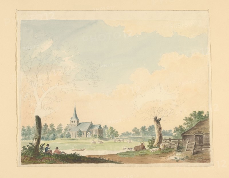 Landscape with a view of pasture on a church, 1700-1800. Creator: Anon.