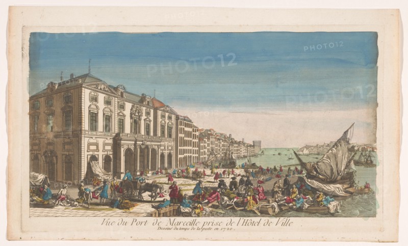 View of the town hall and the harbor in Marseille with victims struck by the plague..., 1720-1799. Creator: Anon.