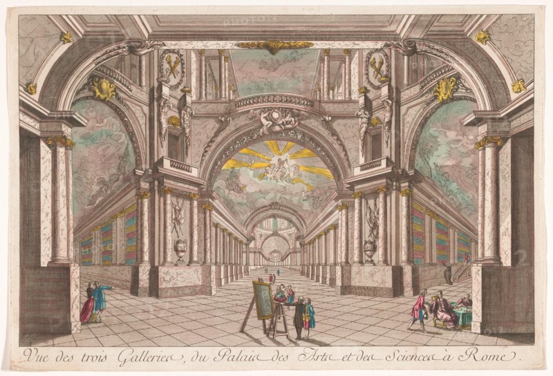 View of the three galleries of the Palace of Art and Science in Rome, 1700-1799. Creator: Anon.
