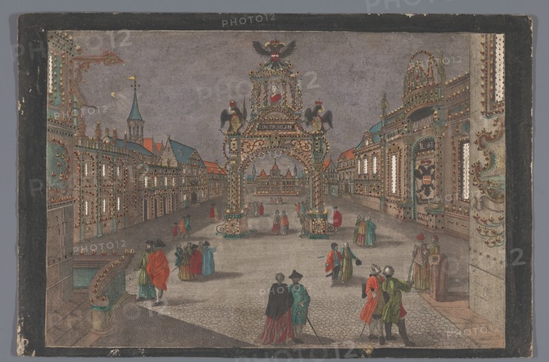 View of a triumphal arch with a two-headed eagle and a portrait bust of Joseph II..., 1765-1799. Creator: Anon.
