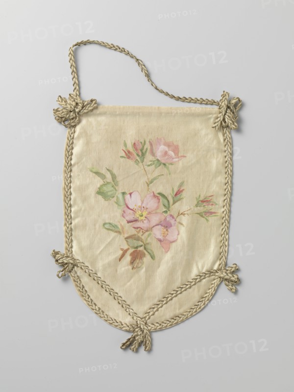 Pouch of ivory-coloured satin with pink flowers, c.1880-c.1890.  Creator: Anon.