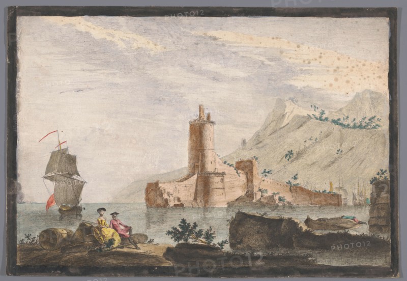 View of a harbor with a tower in Provence, 1700-1799. Creator: Marie-Jeanne Ozanne.