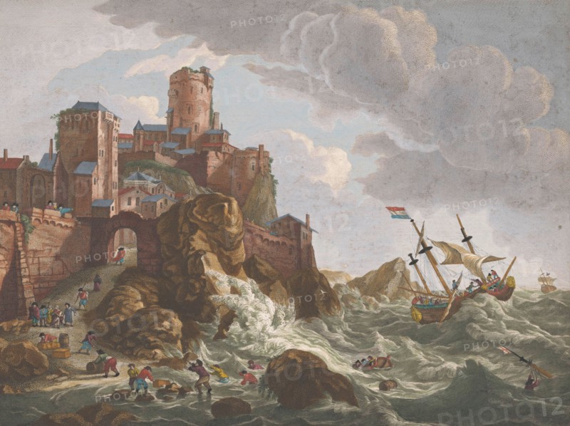 View on a coast with ships and boats on the cliffs in Norway, 1700-1799. Creators: Anon, Pierre Maleuvre.