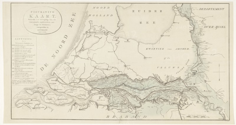 Figurative map, giving an indication of the main dike breaches, etc.: along the Rivers, 1809.  Creator: Antoni Zürcher.