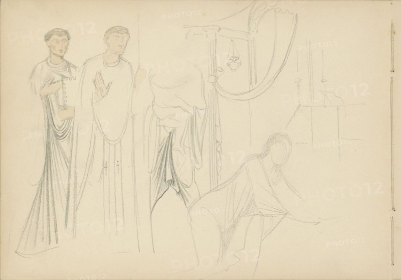Two standing men with a kneeling woman in an interior, 1869-1925. Creator: Antoon Derkinderen.