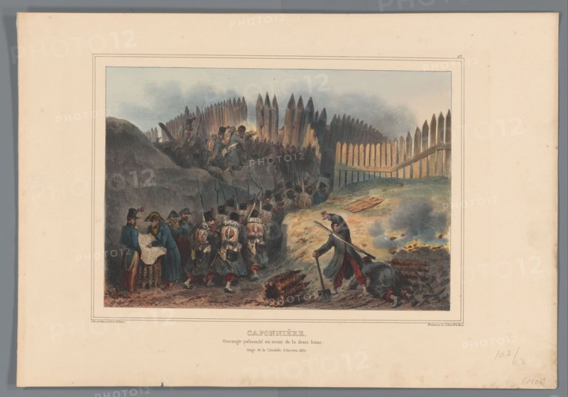 Group of soldiers file through an opening in the palisade, 1832, (1833).  Creator: Auguste Raffet.