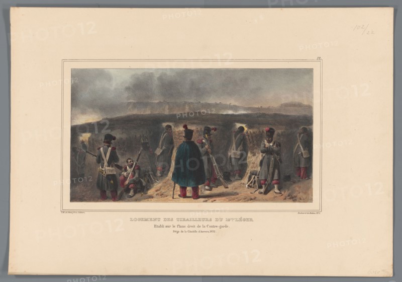 Sharpshooters behind a parapet, 1832, (1833).  Creator: Auguste Raffet.