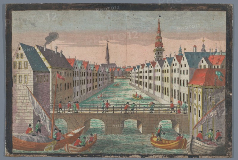 View of the Nikolaifleet opposite St. Nicholas church in Hamburg, 1742-1801. Creator: Anon.