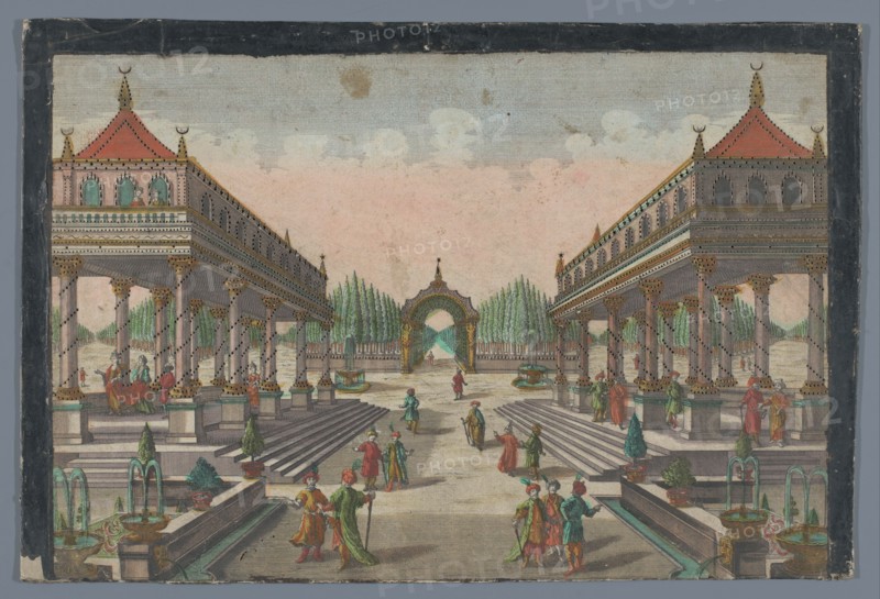 View of a colonnade towards a cypress garden in Constantinople, 1742-1801. Creator: Anon.
