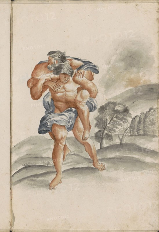 Aeneas wears his father Anchises on his back away from a burning Troy, 1696. Creator: Hendrick van Beaumont.