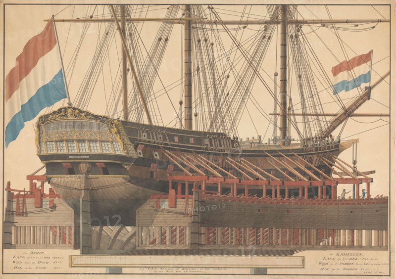 The 'Zoutman' on ship camels, 1807.  Creator: J. Vos.