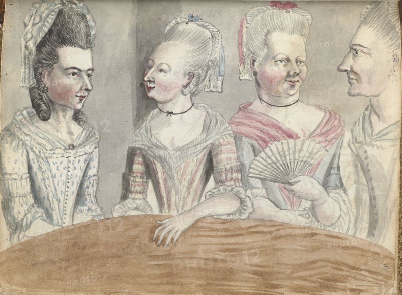 Four women at a table during a trip to Falmouth, 1778. Creator: Jan Brandes.