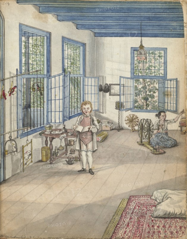 Living room with son Jantje and Flora, an enslaved woman, near a spinning wheel, 1784. Creator: Jan Brandes.