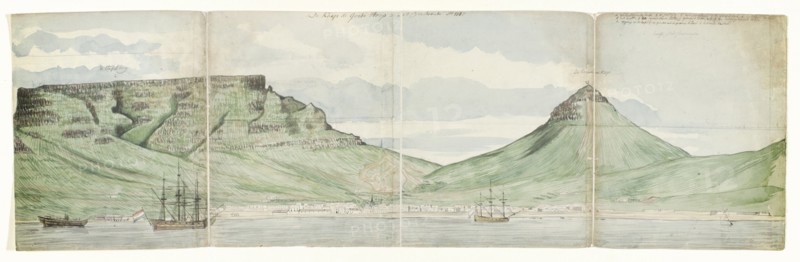 Table Mountain and Cape Town seen from the sea, 1787. Creator: Jan Brandes.