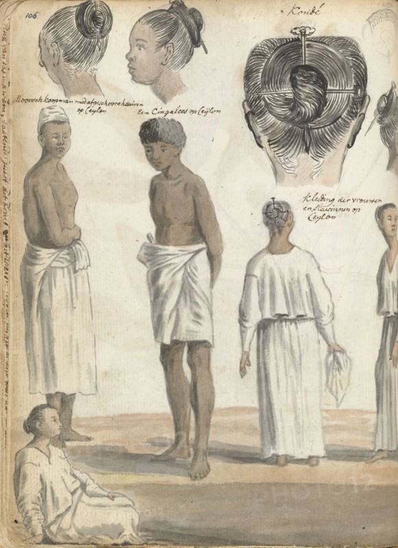 Hairstyles, traditional styles in Ceylon, 1785-1786. Creator: Jan Brandes.