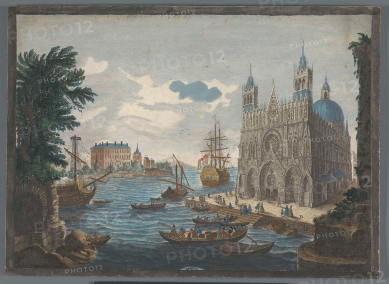 View of a Gothic Cathedral on the Water, 1760. Creator: Jean Moyreau.