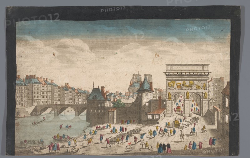 View of the Porte Saint-Bernard and the Pont de la Tournelle over the Seine River in Paris, 1745-75. Creator: Anon.
