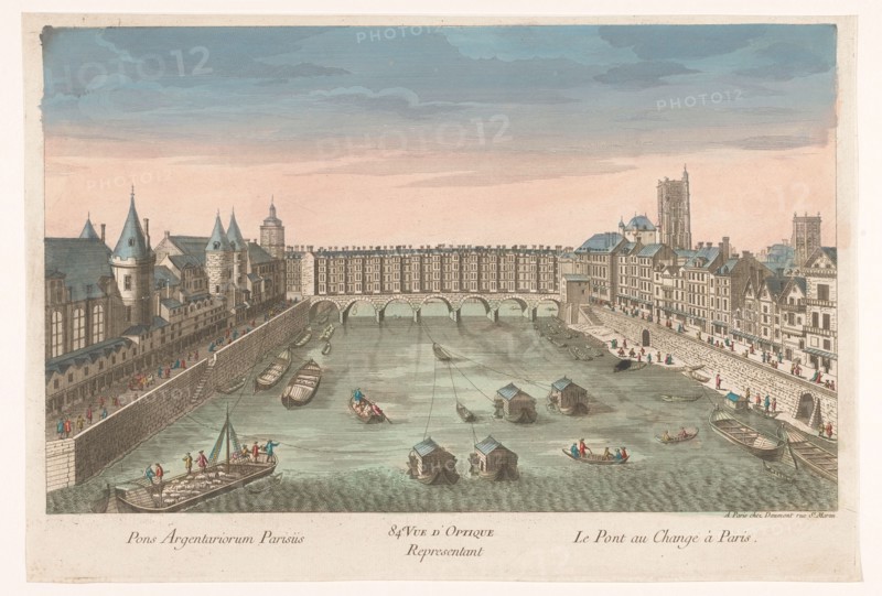 View of the built -up Pont au Change over the Seine River in Paris, 1745-1775. Creator: Anon.