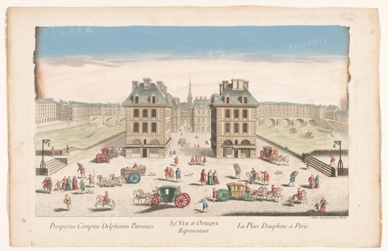 View of Place Dauphine with the built-up Pont au Change and Pont Saint-Michel..., 1745-1775. Creator: Anon.