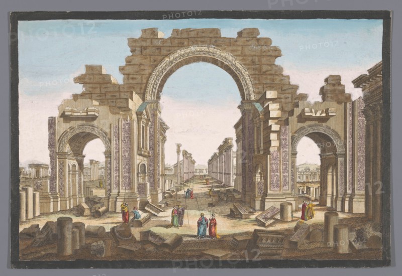 View of the ruin of the arch of the colonnade at Palmyra, seen from the east, 1745-1775. Creator: Anon.