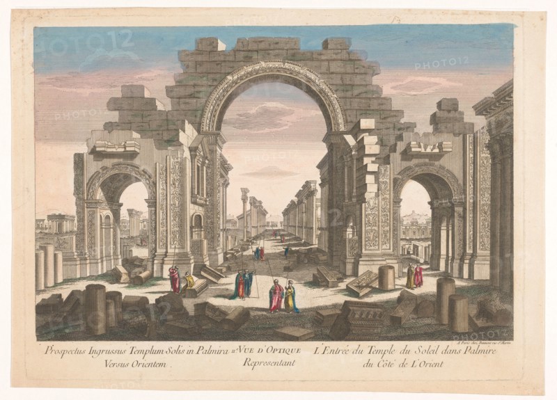 View of the ruin of the arch of the colonnade at Palmyra, seen from the east, 1745-1775. Creator: Anon.