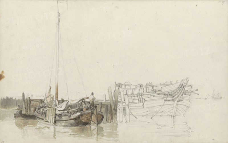 Men on a moored fishing boat at a quay, 1797-1838. Creator: Johannes Christiaan Schotel.