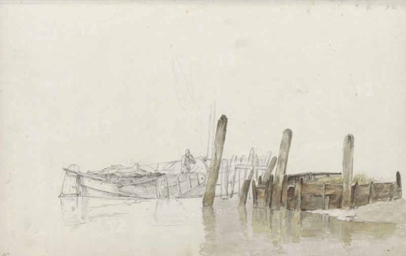 Man on a moored fishing boat at a quay, 1797-1838. Creator: Johannes Christiaan Schotel.