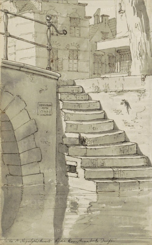 Stairs to the canal on the Koorstraat in Delft, c.1783-c.1797. Creator: Johannes Huibert Prins.