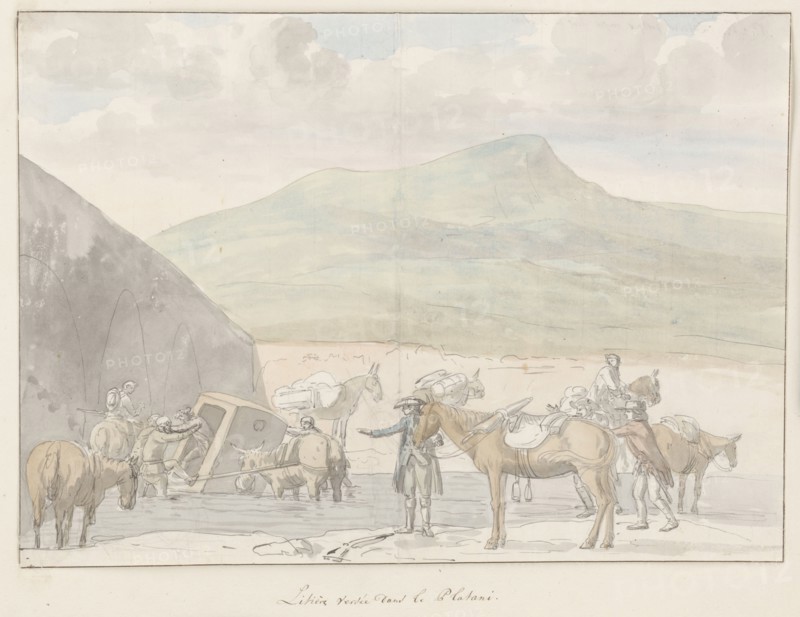 Tour company sedan chair overturns near river Platini, 1778. Creator: Louis Ducros.