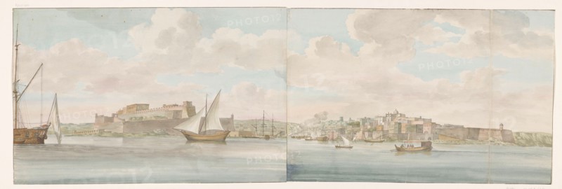 View of Fort St. Angelo near the port of Malta and Peninsula Senglea, 1778. Creator: Louis Ducros.