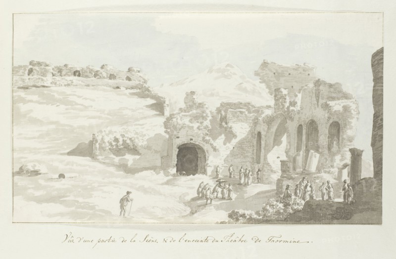 View of part of the stage and wall behind at Taormina theater, 1778. Creator: Louis Ducros.