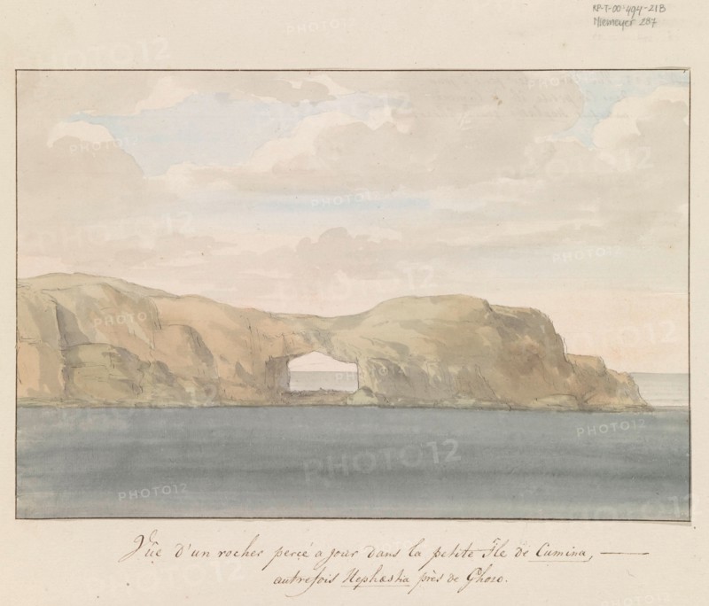 View of rock with hole on small island of Comino near Gozo, 1778. Creator: Louis Ducros.