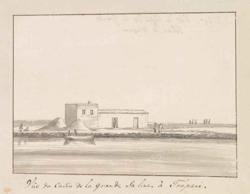 View of salt shack at large salt pan in Trapani, 1778. Creator: Louis Ducros.