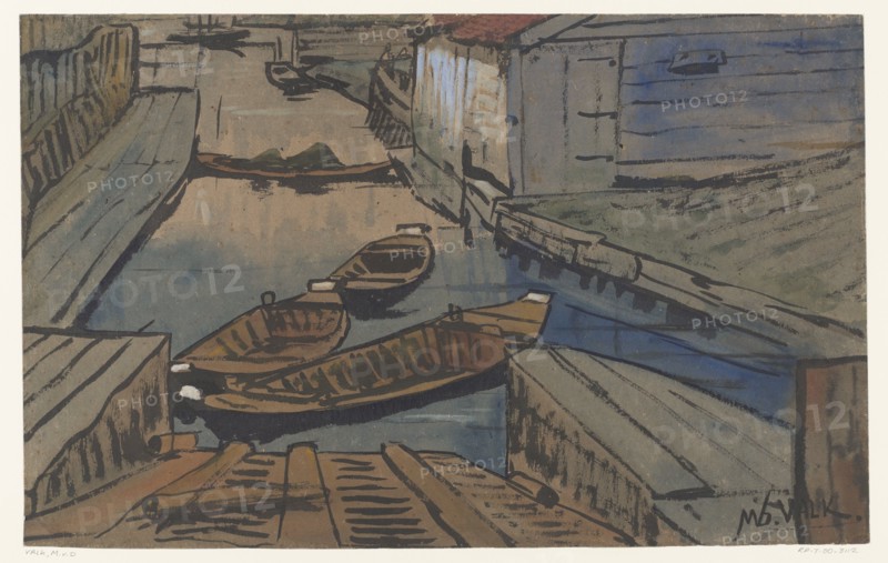Boats on a canal between buildings, 1867-1935. Creator: Maurits Willem van der Valk.