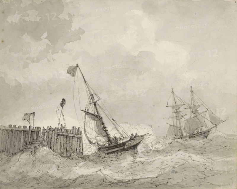 Two sailing ships at a landing place, c.1825-c.1875. Creator: Circle of Petrus Johannes Schotel.
