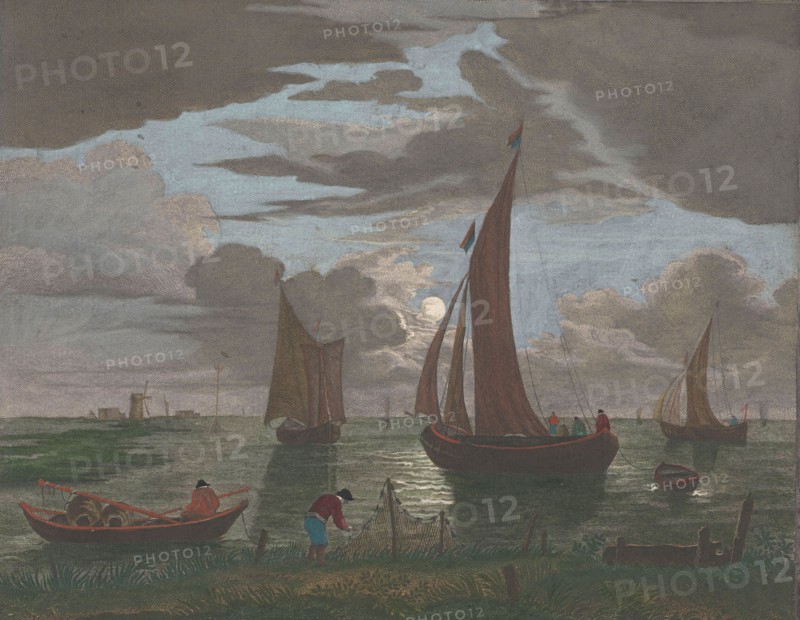 View off the coast with ships and boats on the water in moonlight, 1753-1797. Creators: Pierre François Basan   , Pierre Fouquet, Pierre Jacques Duret.