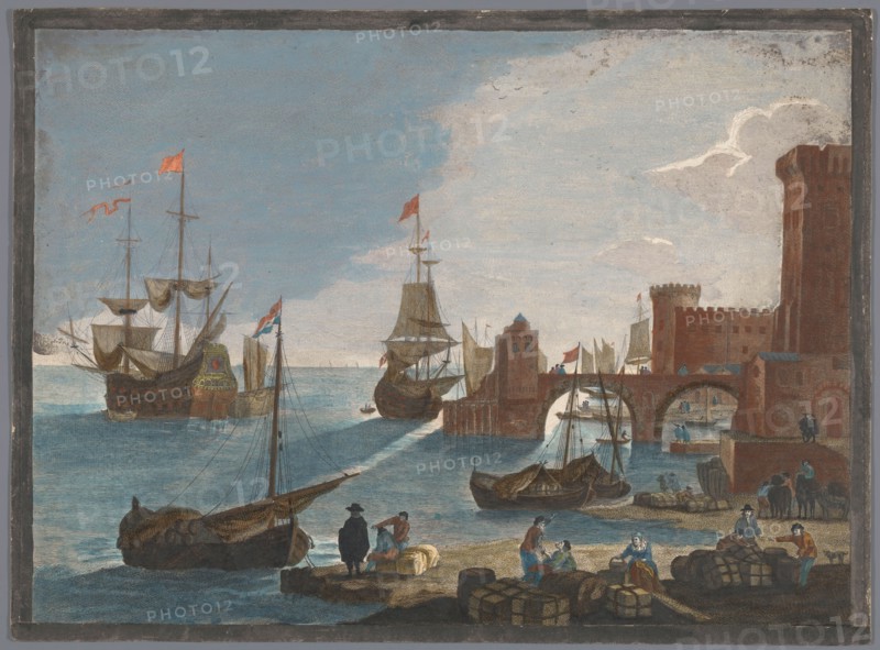 View of a seaport with ships and boats on the water, 1753-1797. Creators: Pierre François Basan   , Pierre Fouquet.