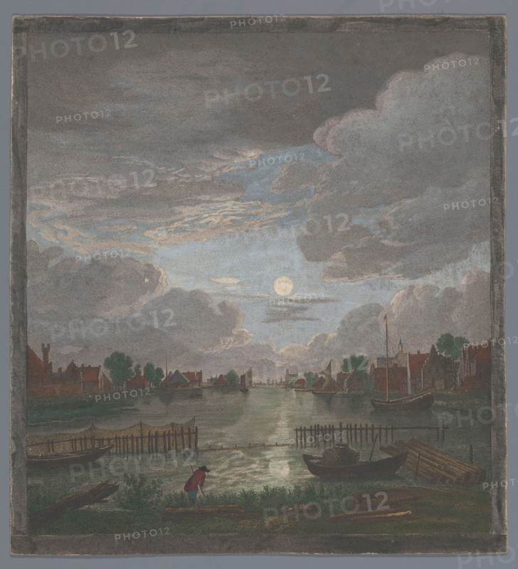 View of a canal in the vicinity of the city of Haarlem in Moonlight, 1753-1797. Creators: Pierre François Basan   , Pierre Fouquet, Thomas Major.