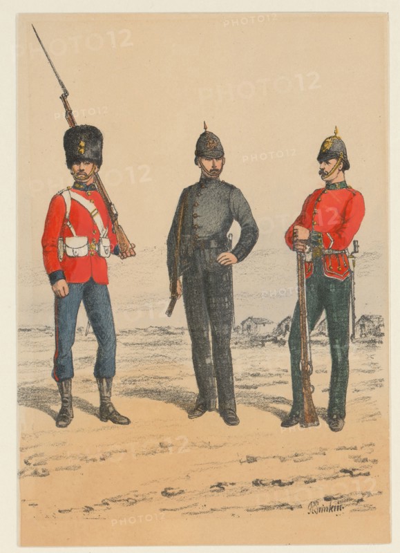 Three British soldiers, 1875-1925. Creator: Richard Simkin.