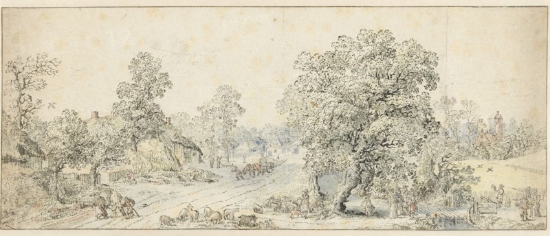 Landscape with walkers, a shepherd and many other figures, 1600-1699. Creator: Anon.