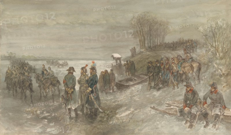 French troops cross a frozen river, 1888. Creator: Charles Rochussen.