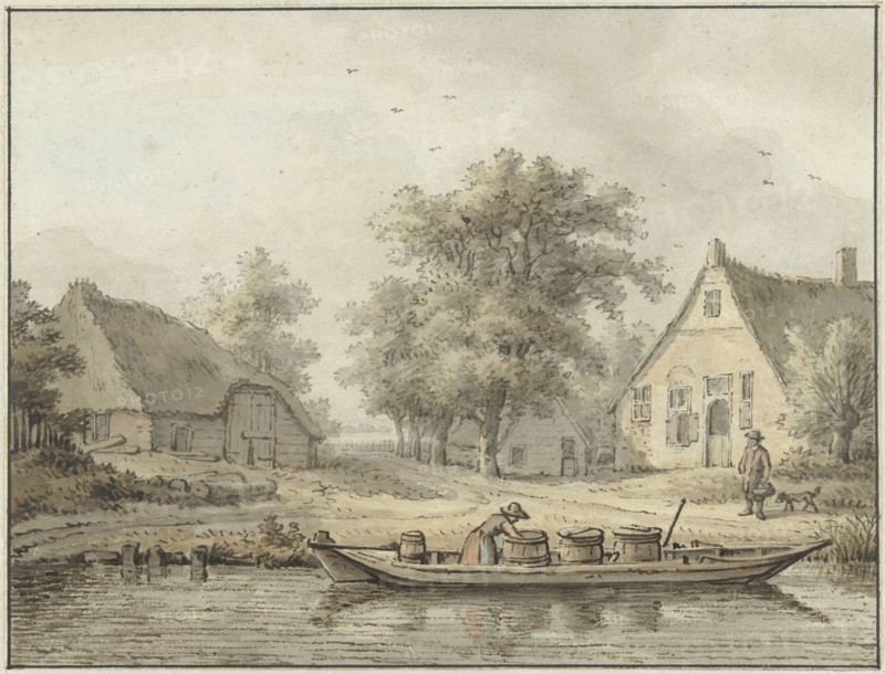 Landscape with a moored barge with barrels, 1756-1826. Creator: Cornelis Buys.