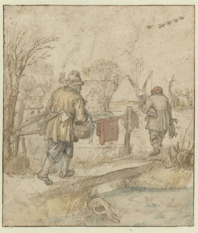 Return of the Duck Hunters / verso: Sketches of Ships and of a Man in Winter Clothing, c.1610-c.1615 Creator: Hendrick Avercamp.