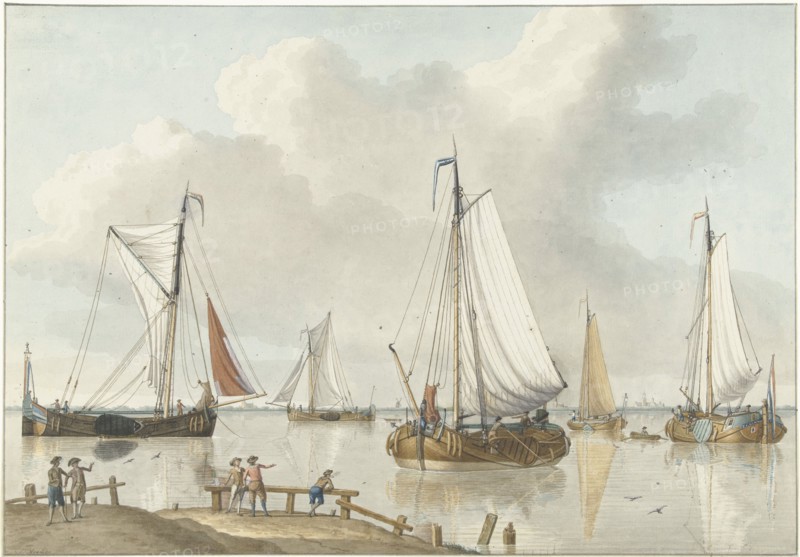 Sailing ships, on the side are five men, 1748-1805. Creator: Jan Arends.