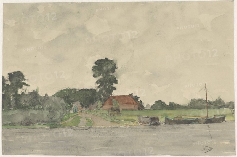 River landscape with farm, 1869-1941. Creator: Johannes Abraham Mondt.