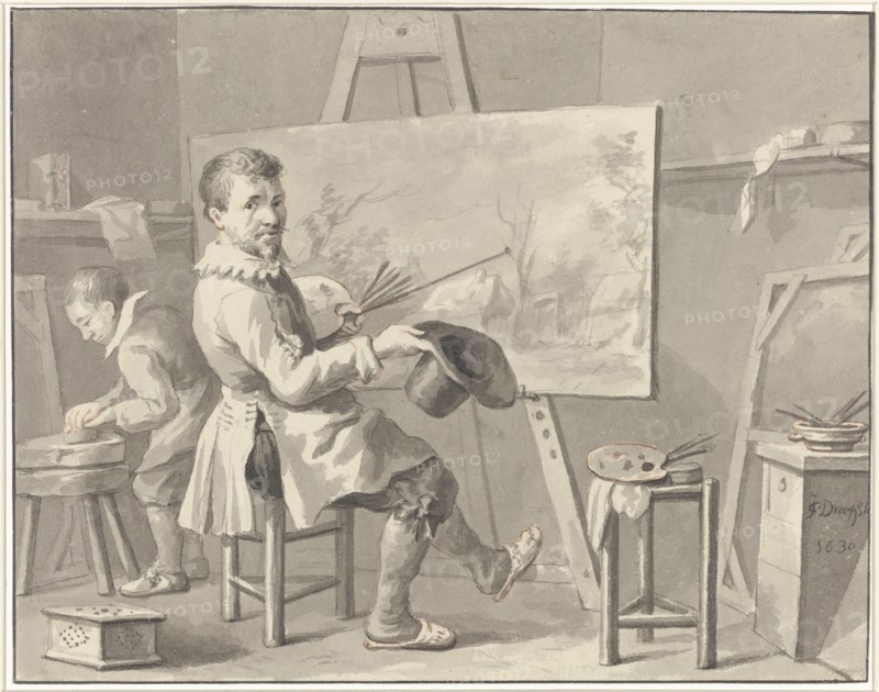 Portrait of Joost Corneliszn. Droochsloot in his studio sitting behind an easel with..., 1780-1848. Creator: Martinus Schouman.