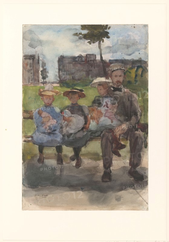 A Man with Three Girls on a Bench in the Oosterpark in Amsterdam, c.1886-c.1904. Creator: Isaac Lazerus Israels.