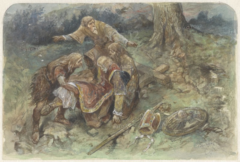 Wounded Adalbert is carried away, 1824-1894. Creator: Charles Rochussen.