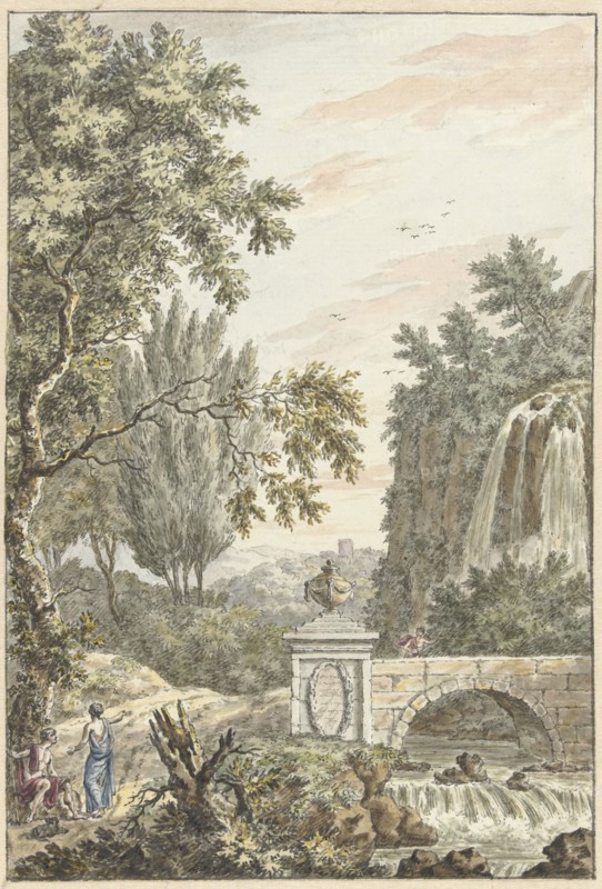 Arcadian forest landscape with a waterfall, a bridge and three young men, 1780. Creator: Dirk Versteegh.